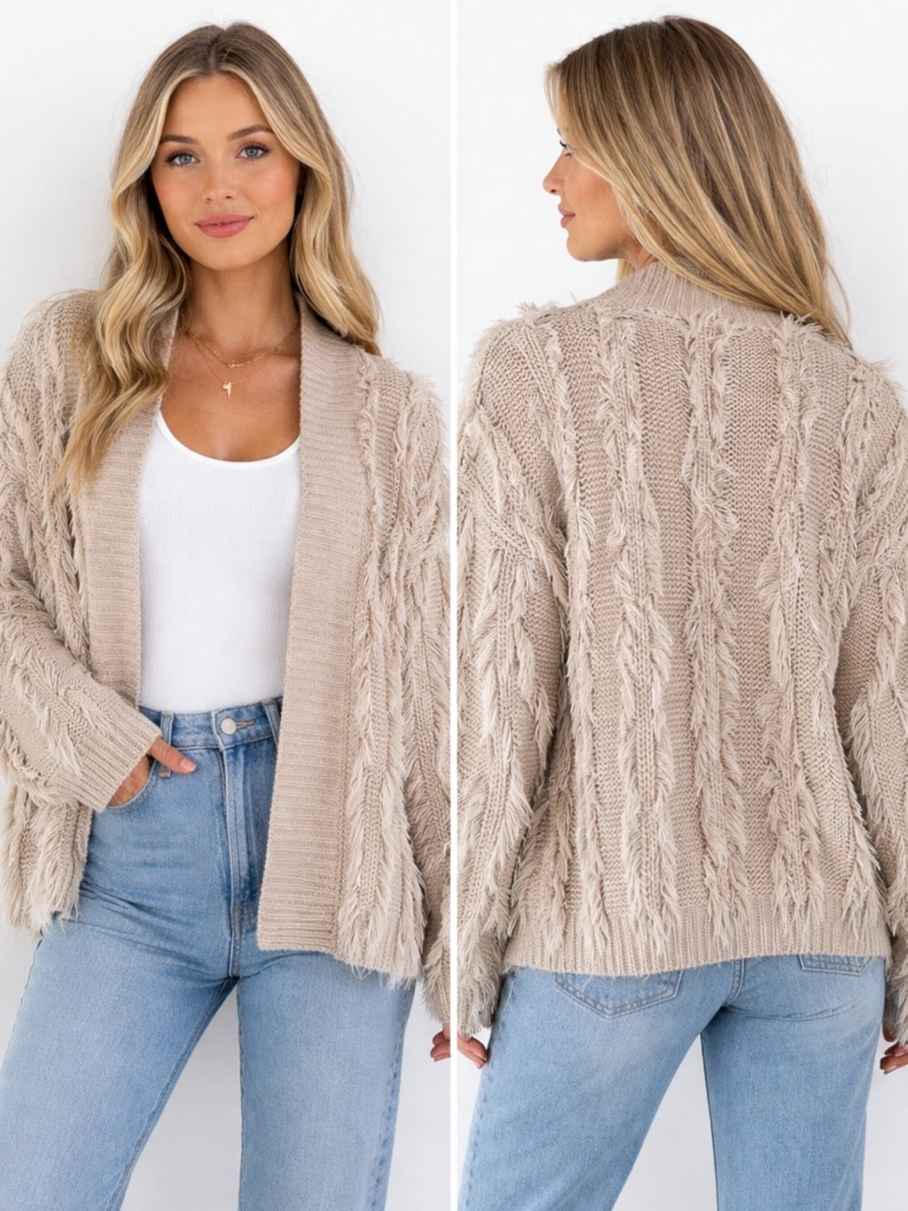 Cozy Fringe Cable Knit Cardigan - Taupe